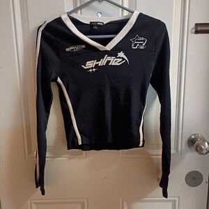 2/$10 Fashion Nova Y2k Shine Blue And White Cropped Long Sleeve Top